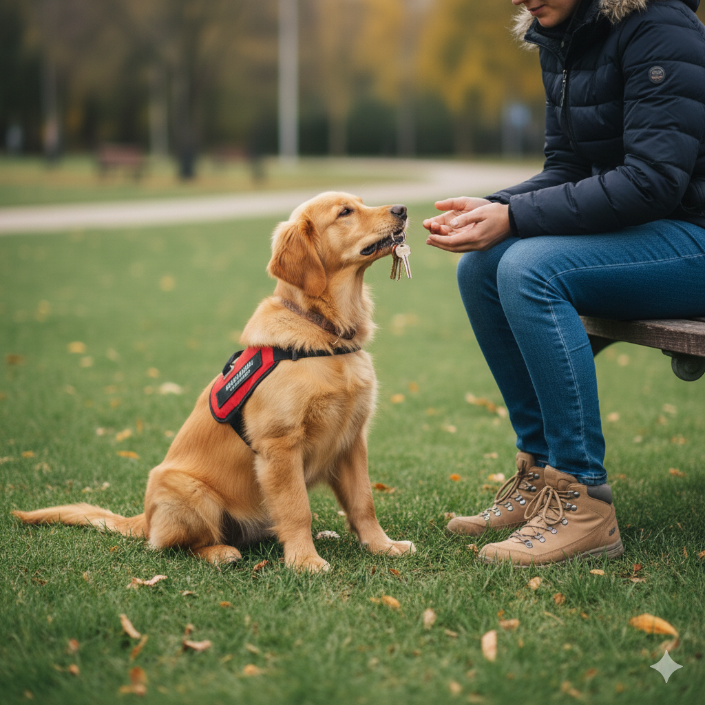 Assistenzhund bringt Gegenstand zur sitzenden Person