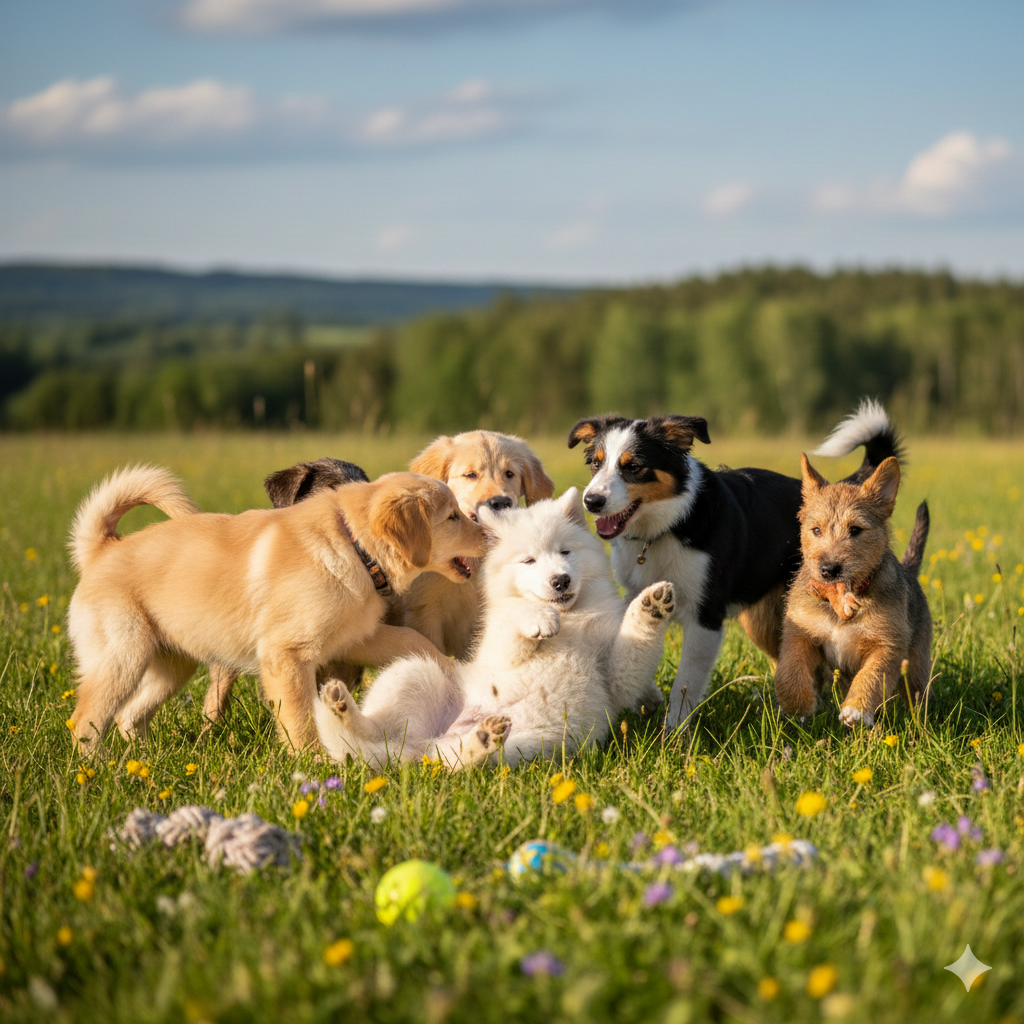 Hunde laufen kontrolliert aneinander vorbei im Training
